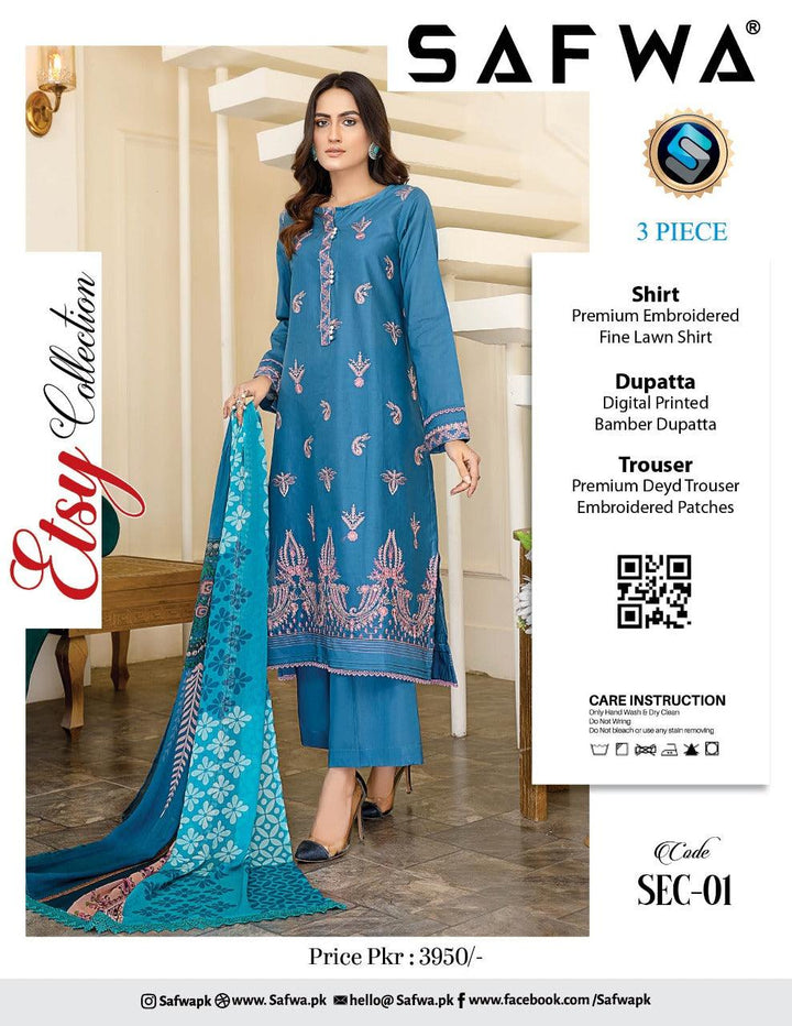SEC-01 - SAFWA ETSY 3-PIECE EMBROIDERED COLLECTION 2022 Dresses | Dress Design | Shirts | Kurti