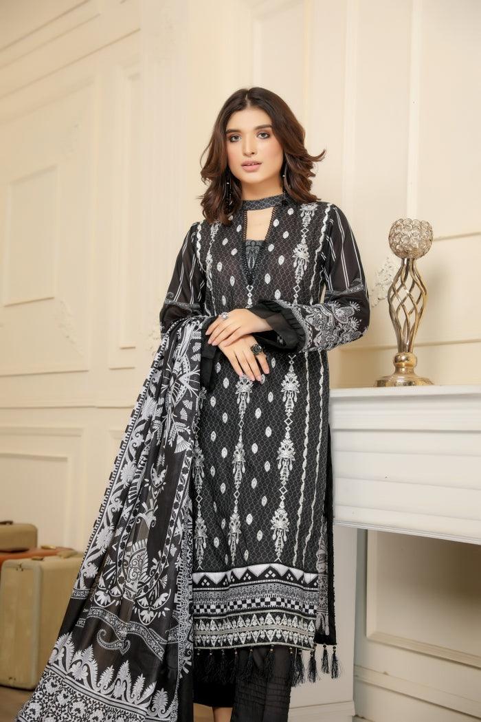 BS-03 - SAFWA BLACK EMBROIDERED 3 PIECE COLLECTION -SHIRT |Trouser |Duptta | SAFWA DRESS DESIGN| DRESSES | PAKISTANI DRESSES| SAFWA | SAFWA Brand | Pakistan online shopping | Designer Dresses