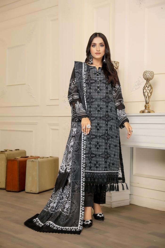 BS-04 - SAFWA BLACK EMBROIDERED 3 PIECE COLLECTION -SHIRT |Trouser |Duptta | SAFWA DRESS DESIGN| DRESSES | PAKISTANI DRESSES| SAFWA | SAFWA Brand | Pakistan online shopping | Designer Dresses
