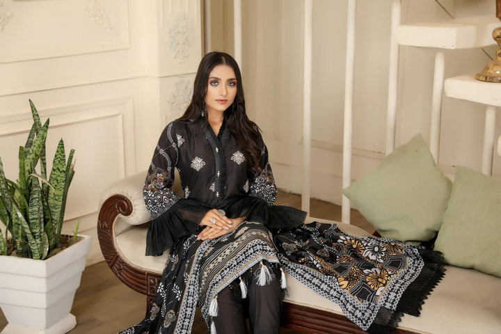 BS-06 - SAFWA BLACK EMBROIDERED 3 PIECE COLLECTION -SHIRT |Trouser |Duptta | SAFWA DRESS DESIGN| DRESSES | PAKISTANI DRESSES| SAFWA | SAFWA Brand | Pakistan online shopping | Designer Dresses