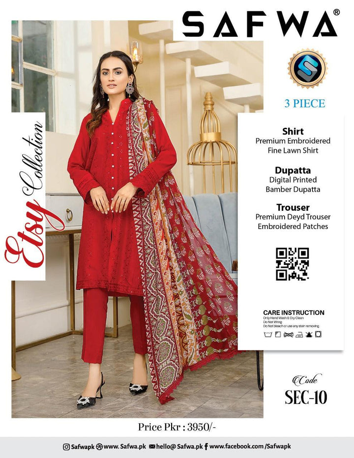 SEC-10 - SAFWA ETSY 3-PIECE EMBROIDERED COLLECTION 2022 Dresses | Dress Design | Shirts | Kurti