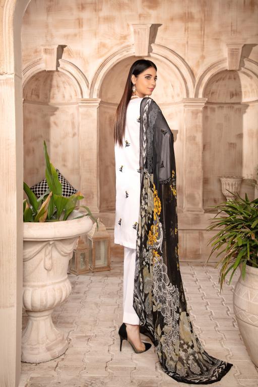 T-12 - SAFWA EMBROIDERED COTTON SATIN 3 PIECE COLLECTION -SHIRT Trouser and Duptta | SAFWA DRESS DESIGN| DRESSES | PAKISTANI DRESSES| SAFWA -SAFWA Brand Pakistan online shopping for Designer