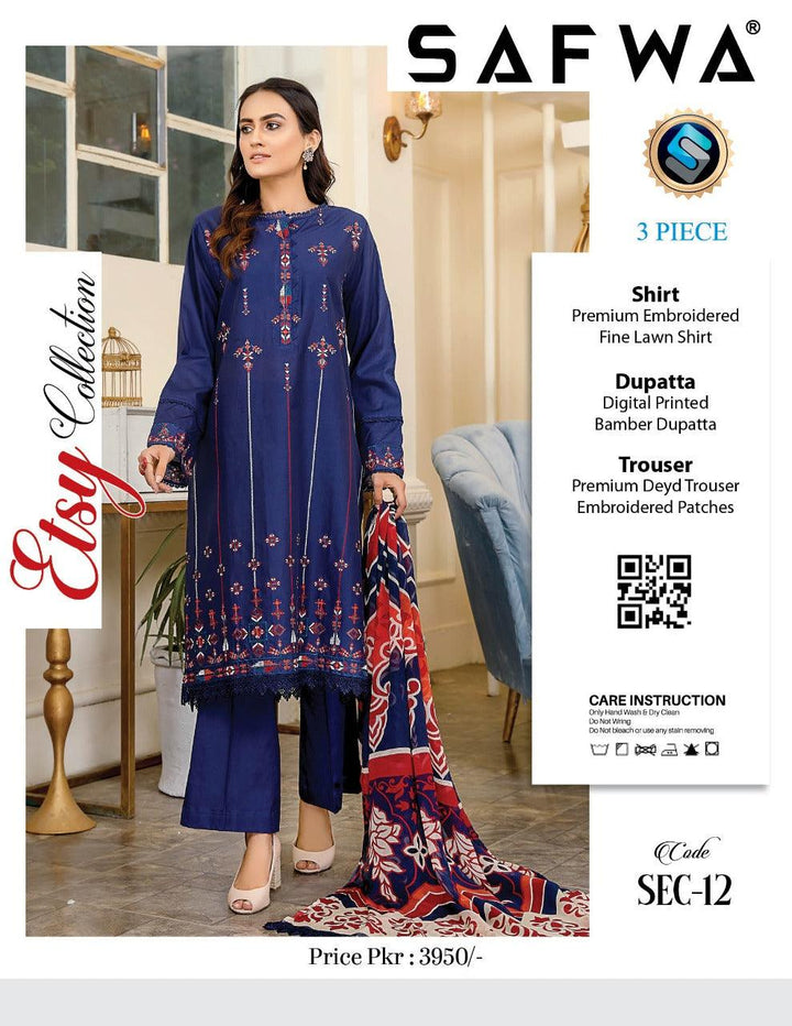 SEC-12 - SAFWA ETSY 3-PIECE EMBROIDERED COLLECTION 2022 Dresses | Dress Design | Shirts | Kurti