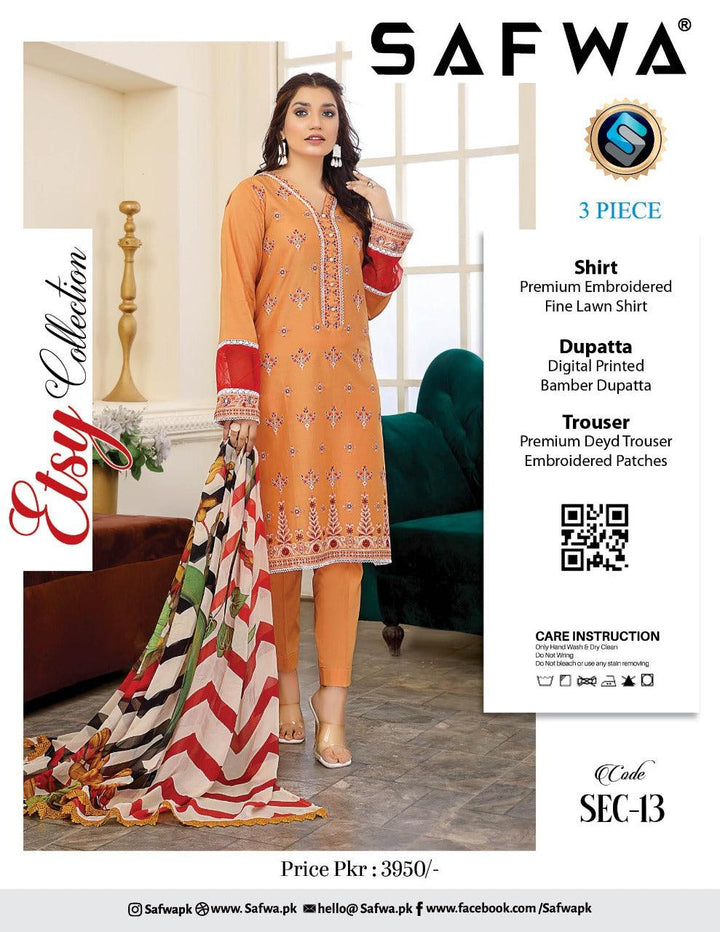 SEC-14 - SAFWA ETSY 3-PIECE EMBROIDERED COLLECTION 2022 Dresses | Dress Design | Shirts | Kurti