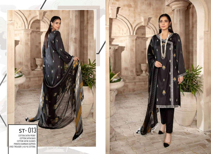 T-13 - SAFWA EMBROIDERED COTTON SATIN 3 PIECE COLLECTION -SHIRT Trouser and Duptta | SAFWA DRESS DESIGN| DRESSES | PAKISTANI DRESSES| SAFWA -SAFWA Brand Pakistan online shopping for Designer