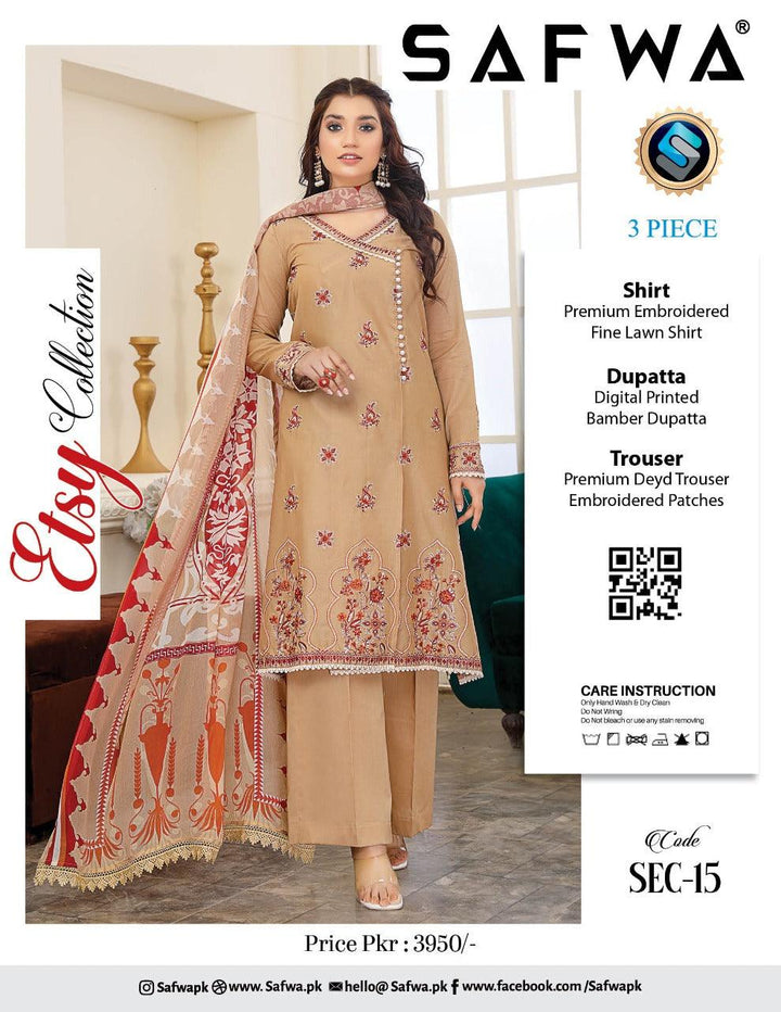 SEC-15 - SAFWA ETSY 3-PIECE EMBROIDERED COLLECTION 2022 Dresses | Dress Design | Shirts | Kurti