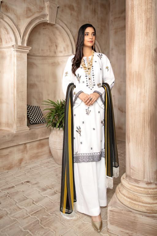 T-18 - SAFWA EMBROIDERED COTTON SATIN 3 PIECE COLLECTION -SHIRT Trouser and Duptta | SAFWA DRESS DESIGN| DRESSES | PAKISTANI DRESSES| SAFWA -SAFWA Brand Pakistan online shopping for Designer
