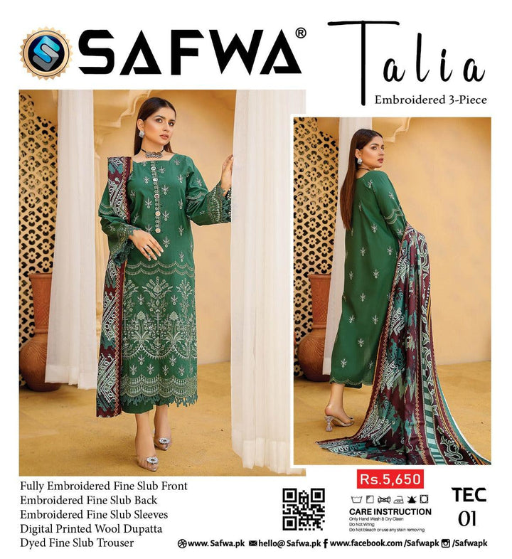 TEC-01 - SAFWA TALIA EMBROIDERED KHADDAR 3-PIECE COLLECTION SAFWA | Dresses | Pakistani Dresses | Dress Design