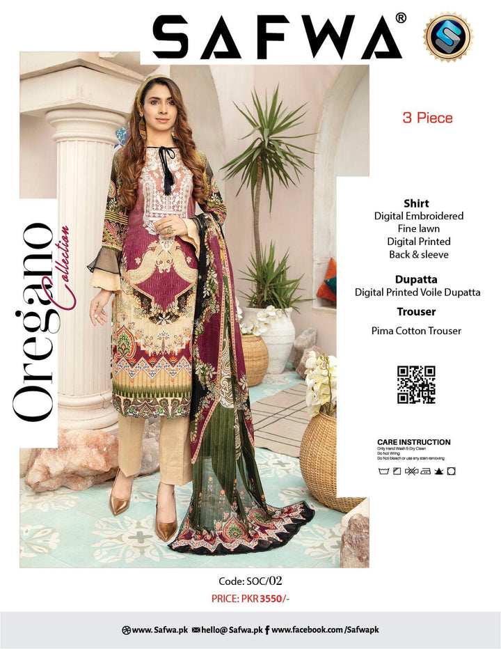 SOC-02 - SAFWA OREGANO EMBROIDERED COLLECTION VOL 01 2022 Dresses | Dress Design | Pakistani Dresses | Online Shopping in Pakistan