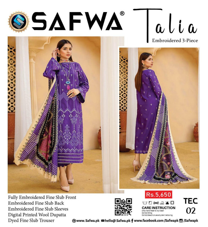 TEC-02 - SAFWA TALIA EMBROIDERED KHADDAR 3-PIECE COLLECTION SAFWA | Dresses | Pakistani Dresses | Dress Design