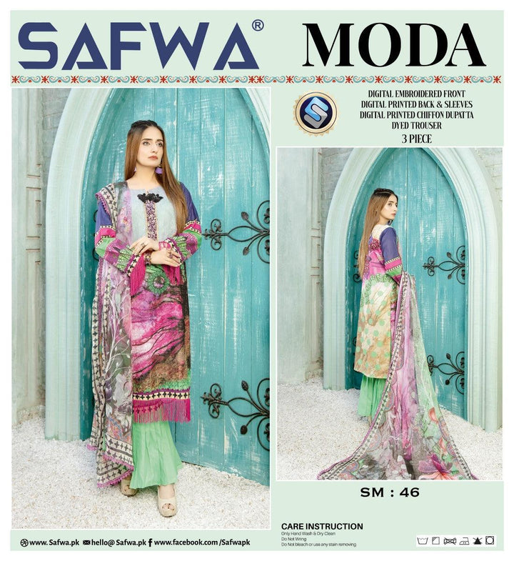 SM-46 - SAFWA EMBROIDERED 3-PIECE MODA COLLECTION 2021 -| SAFWA DRESS DESIGN | DRESSES | PAKISTANI DRESSES | SAFWA BRAND Pakistani online shopping for Designer Dresses