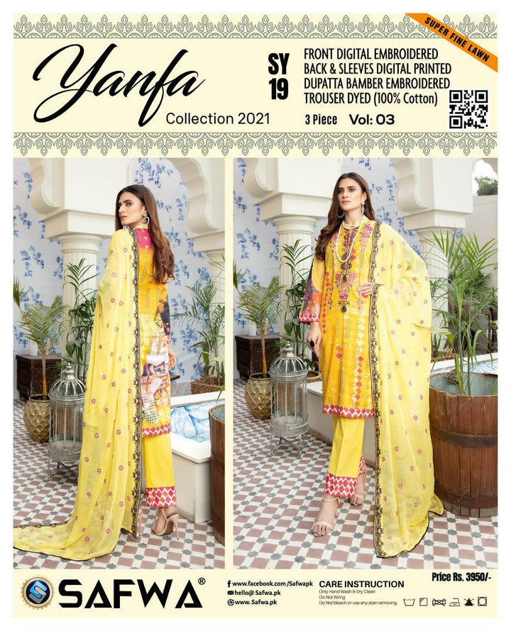SY-19 - YANFA COLLECTION Vol 3 2021 - Three Piece Suit-SAFWA -SAFWA Brand Pakistan online shopping for Designer Dresses