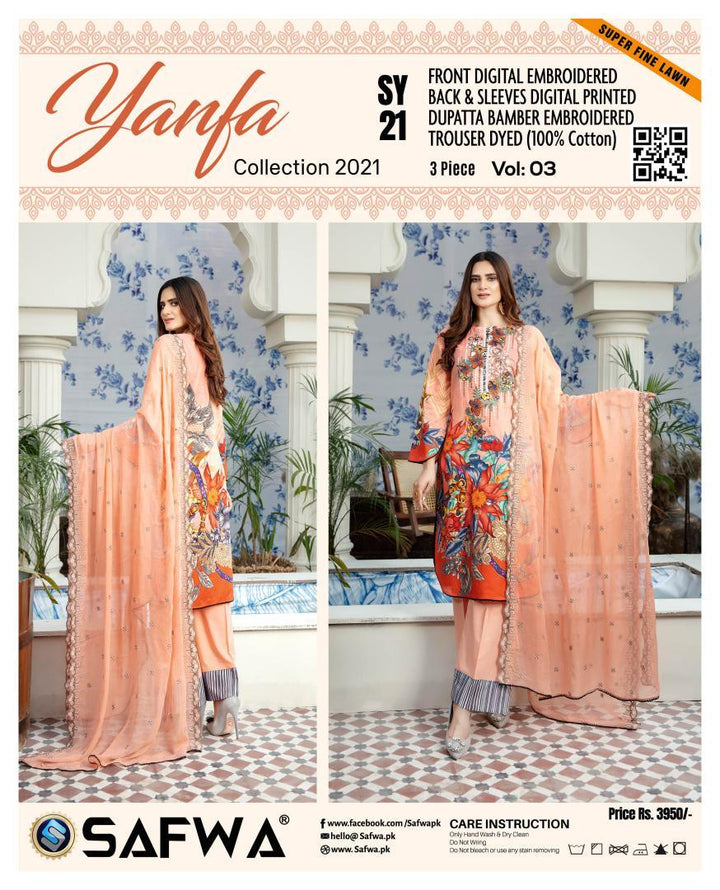 SY-21 - YANFA COLLECTION Vol 3 2021 - Three Piece Suit-SAFWA -SAFWA Brand Pakistan online shopping for Designer Dresses