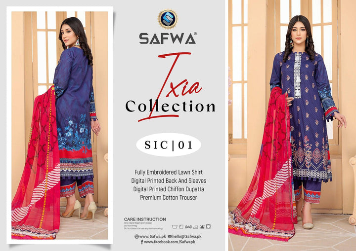 SIC-01 - SAFWA IXIA EMBROIDERED COLLECTION VOL 01 SAFWA | SAFWA 3-PIECE | SAFWA Embroidered Collection | Dresses | Dress Design | Shirts | Kurti