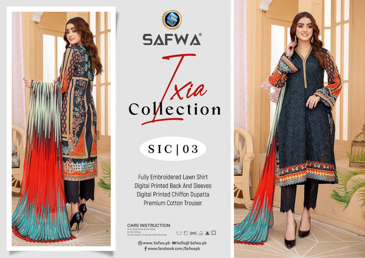 SIC-03 - SAFWA IXIA EMBROIDERED COLLECTION VOL 01 SAFWA | SAFWA 3-PIECE | SAFWA Embroidered Collection | Dresses | Dress Design | Shirts | Kurti